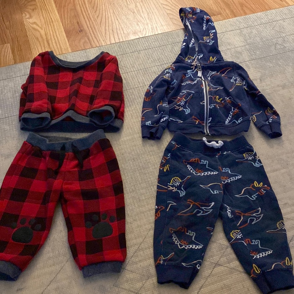 Set of two cozy 12 month sweat suits. Red plaid and d blue dinosaurs.